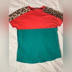 Orange and Green Colorblock T-Shirt with Leopard Print